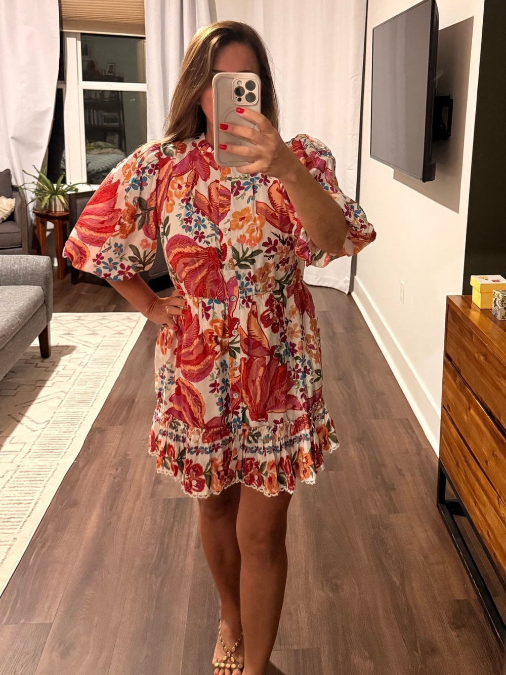 Floral Puff-Sleeve Mini Dress in Coral and Cream